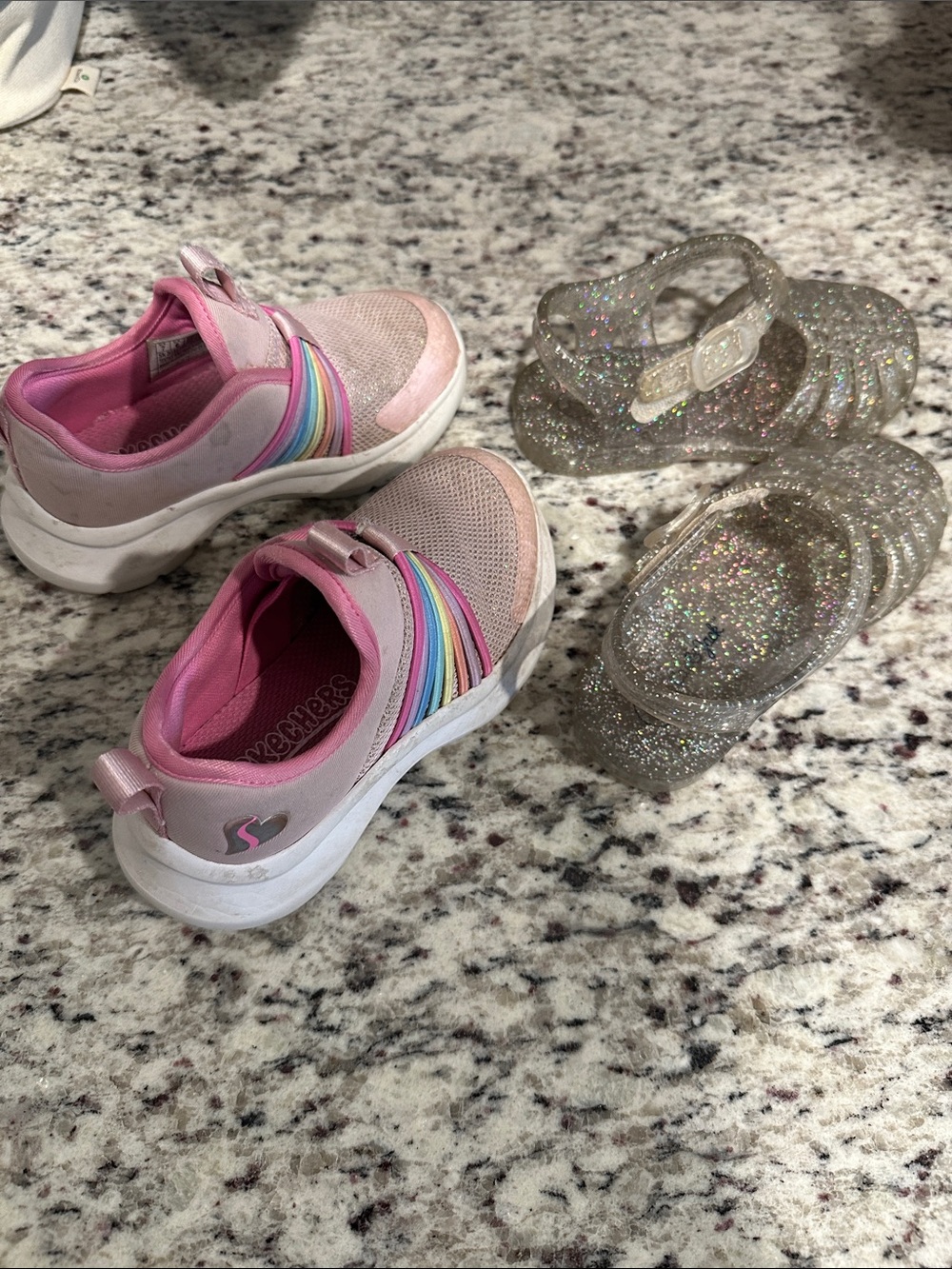 Skechers Girls Slip-On Sneakers with Rainbow Bands and sandal bundle